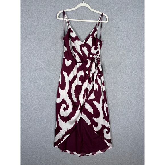Express Dress Medium Burgundy Midi Satin Wrap Ikat Hi Lo Resort Cruise NEW‎ $98 - Picture 1 of 13